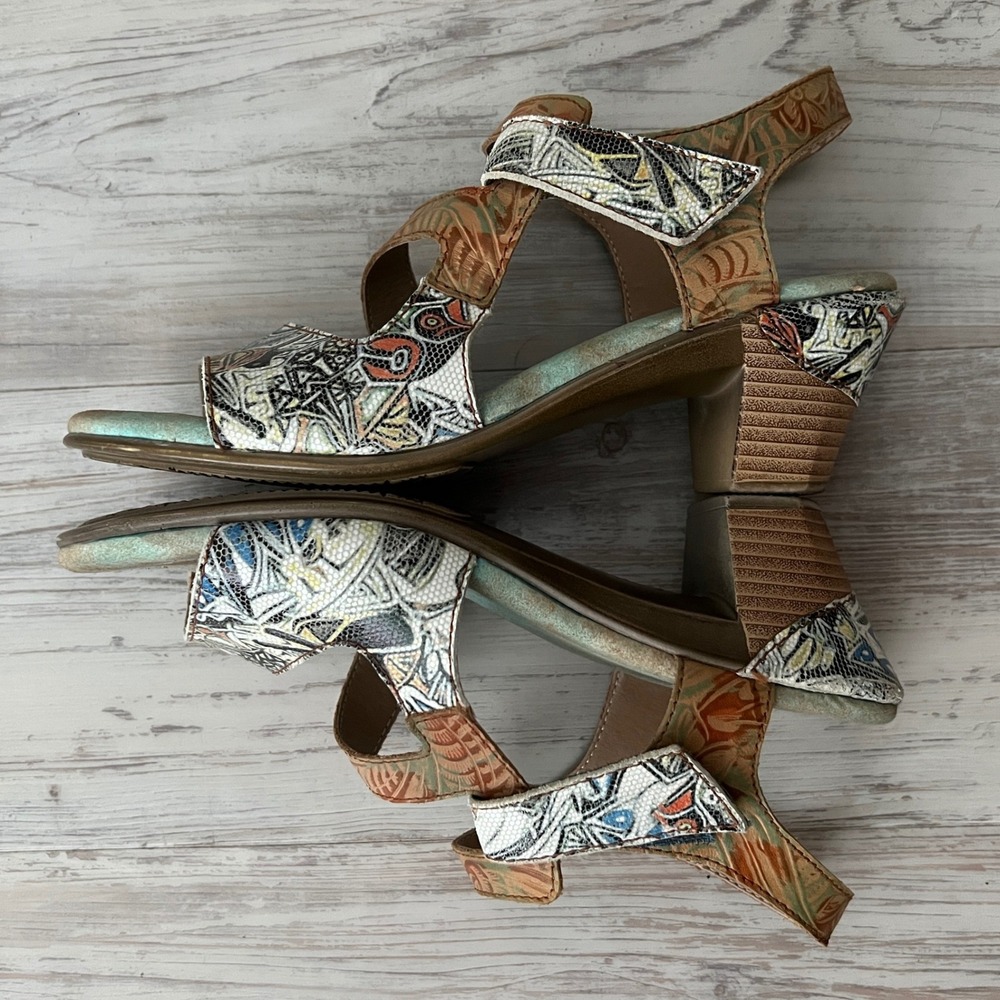 Spring Step L'Artiste Marvel Leather Sandals Multi Color Floral Boho Heel 38